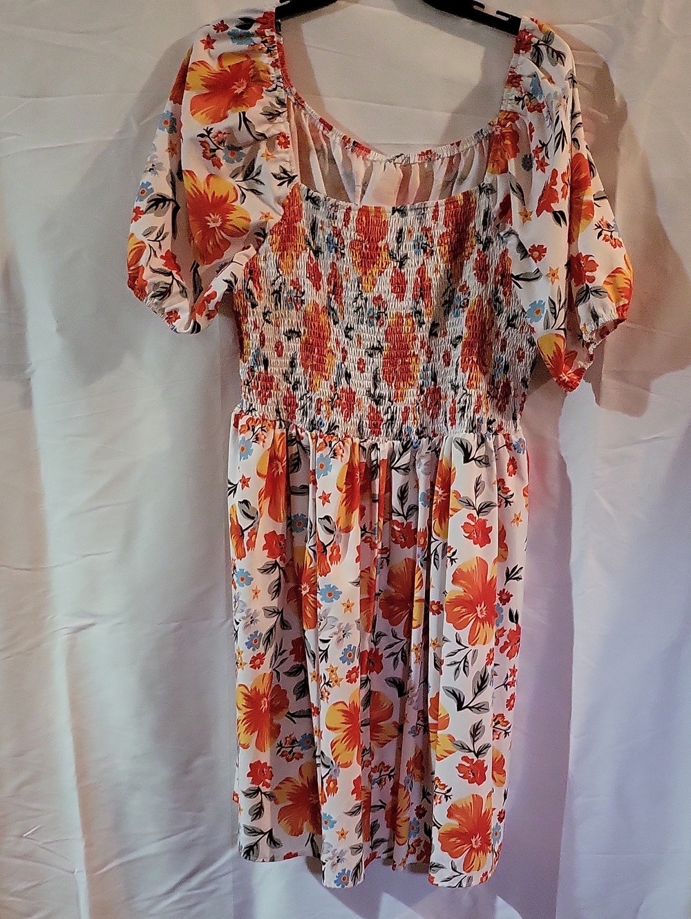 Floral Smocked Midi Dress in Orange and White